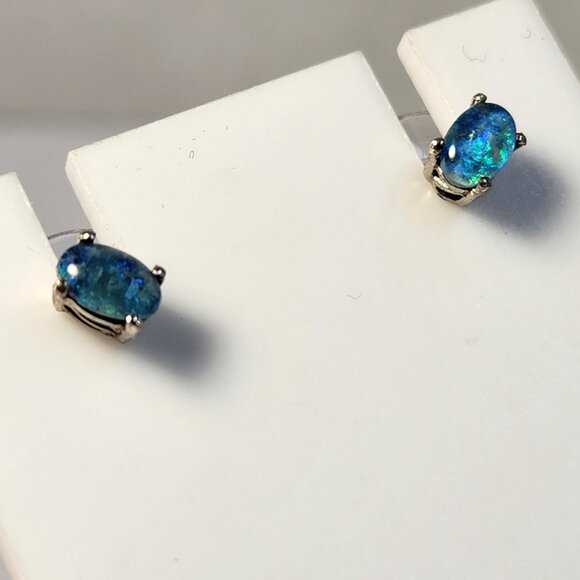 925 Sterling Silver Genuine Blue Fire Opal Earrings - Natural and Genuine Opal. - Picture 11 of 16